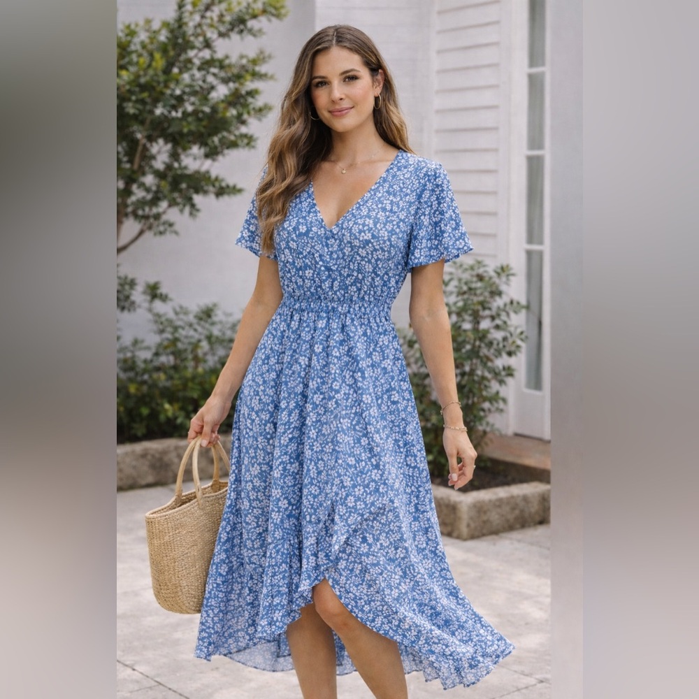 Blue Floral Boho Midi Dress – Flowy Wrap Style Summer Dress Size M NWOT